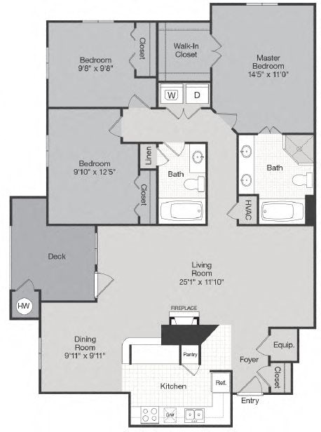 Floor plan for 3 beds, 2 baths, 1340 sqft